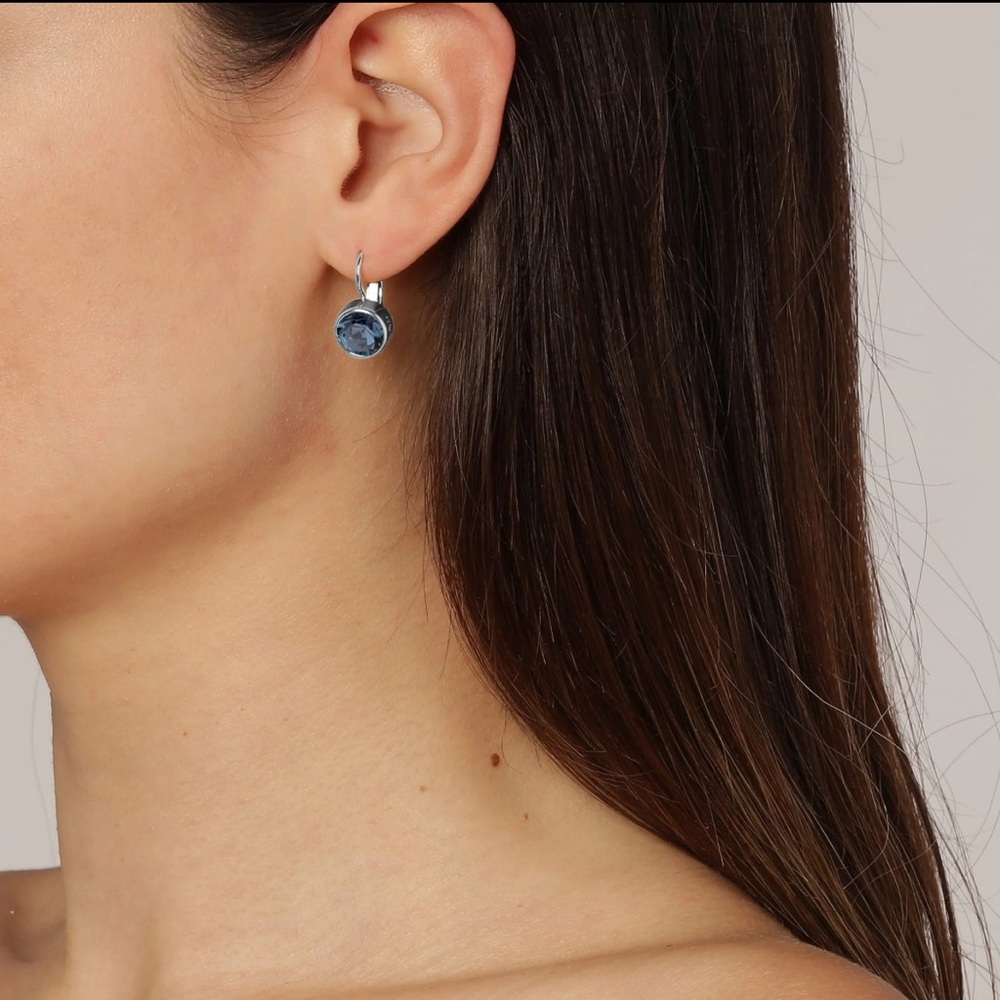 Sterling Silver Plated Earring With One Blue Crystal Charm